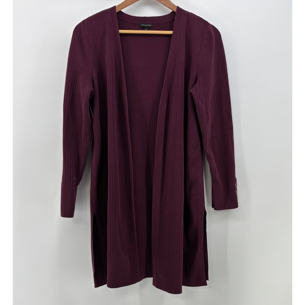 Talbots Cardigan Women's M Burgundy Ribbed Knit Open Front Side Slit Long Sleeve